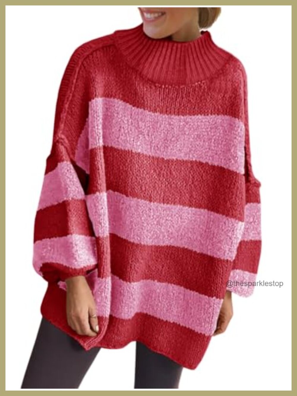 Oversized Striped Chunky Knit Mock Neck Tunic Pullover